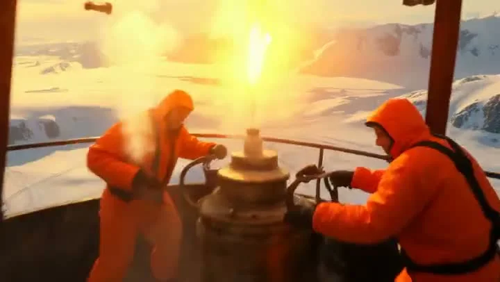 Two people in bright orange cold-weather suits working on a ship deck in a snowy polar environment, with a dramatic burst of fire and steam erupting from a metal device against white snow-covered mountains