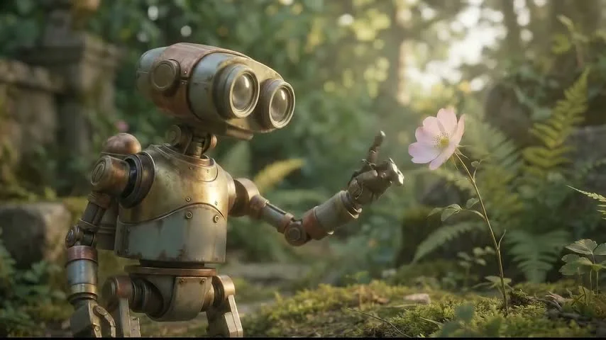 A small weathered brass robot with binocular-like eyes kneels in a lush green forest, gently reaching out to touch a delicate pink flower, with sunlight filtering through the trees creating a magical serene atmosphere