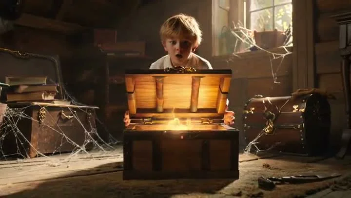 A young child with blonde hair peers with wonder into an open wooden treasure chest that emits a warm golden glow, in a dusty attic filled with antique items and cobwebs