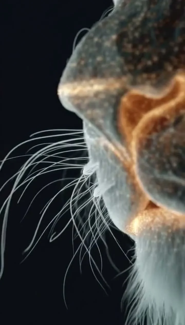 An extreme close-up of a translucent jellyfish-like creature against a pitch-black background, with delicate hair-like tentacles and intricate glowing internal structures in golden-brown and silvery-blue tones