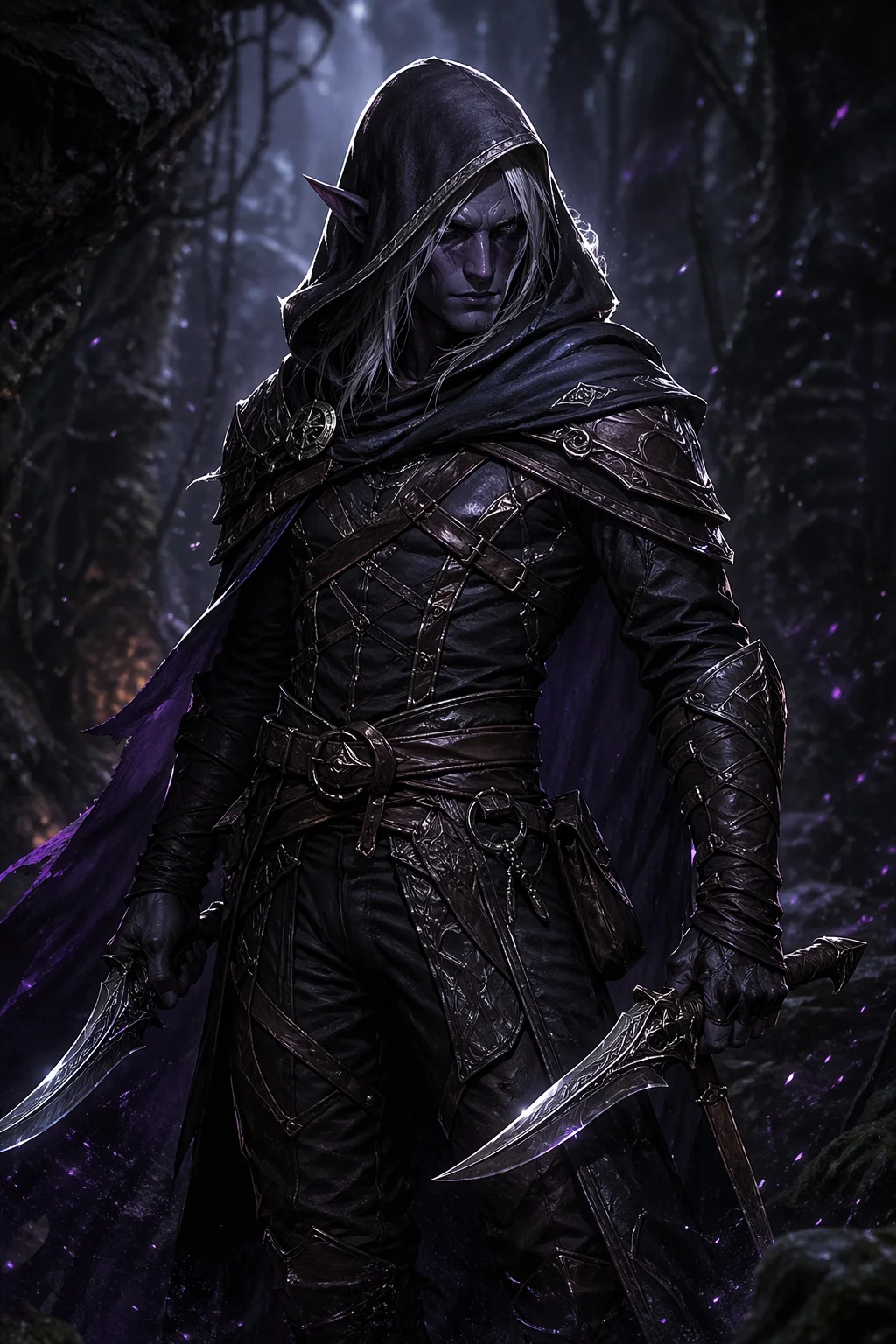 Concept art watak dark elf rogue hasil AI dengan armor kulit yang rumit